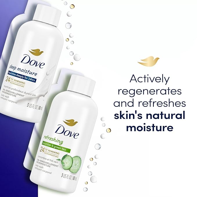 Dove Body Wash Travel Essentials Variety 4-Pack – Refreshing Cucumber & Green Tea + Deep Moisture Nourishing Body Washes, 3 Oz Ea