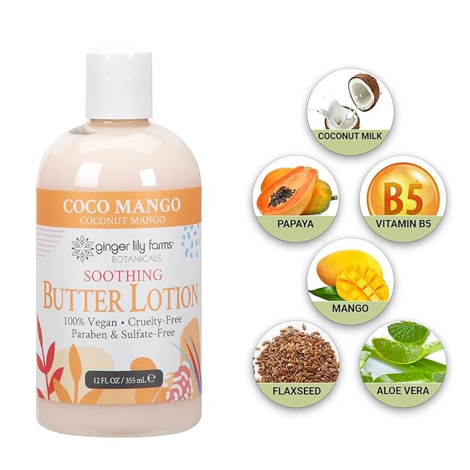 Ginger Lily Farms Botanicals Soothing Butter Lotion for Dry Skin, Coco Mango, 100% Vegan & Cruelty-Free, Coconut Mango Scent, 12 Fl Oz (Pack of 6)