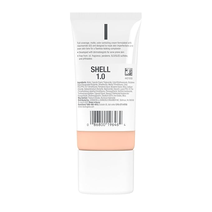 Neutrogena Clear Coverage Flawless Matte CC Cream, Full-Coverage Color Correcting Cream Face Makeup with Niacinamide (b3), Hypoallergenic, Oil Free & Fragrance Free, Shell, 1 oz
