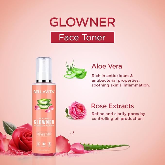 Bella...Vita Organic Glowner Face Toner, Alcohol Free, Rose Water 200ml Pore Minimizing Tightening Natural Toner Spray for Glowing Skin - All Skin Types