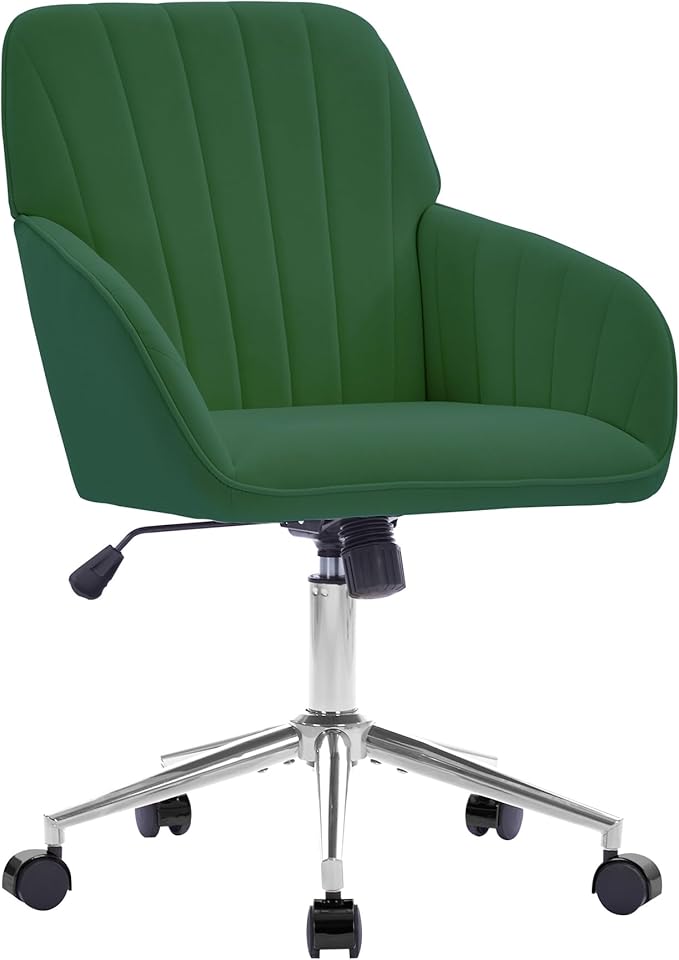 Velvet Home Office Desk Chair, Modern Cute Computer Task Chair with Back, Height Adjustable Upholstered Vanity Chair with Swivel Wheels for Women, Girls (Silver Base, Green