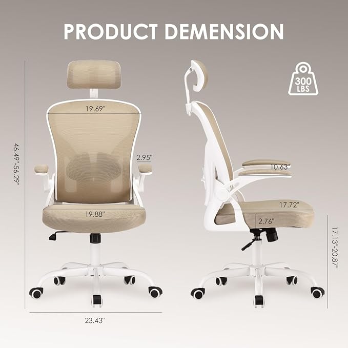 Farini Ergonomic Office Chair, Home Office Desk Chair with Headrest, High Back Swivel Computer Chair with Armrests and Adjustable Lumbar Support for Home Office Study Room, White & Khaki