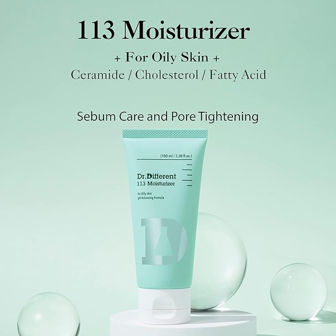Dr.Different 113 Moisturizer - Sebum Control Face Moisturizer for Oily Skin, Pore Reducing and Trouble Care, Hypoallergenic Moisturizing and Soothing Facial Cream, 3.38 oz.