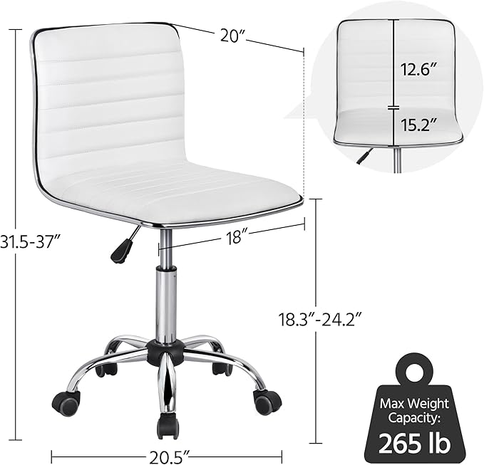 Yaheetech Adjustable Task Chair PU Leather Low Back Ribbed Armless Swivel White Desk Chair Office Chair Wheels