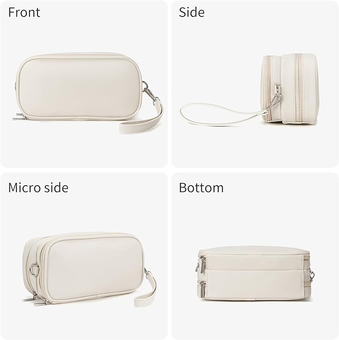 Makeup Bag for Women, Wide-open Makeup Organizer with Makeup Brush Holder, Waterproof Cosmetic Bag with Compartment, Portable Travel-Size Toiletry Bag for Traveling, Large Make Up Bag (White)
