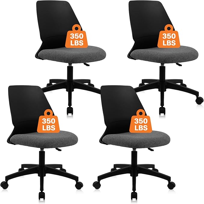 CLATINA Armless Home Office Chair, Ergonomic Small Desk Chair with Wheels and Soft Thick Upholstered Cushion, Comfy Adjustable Height Swivel Computer Task Chair for Conference Waiting, Black, 4Pack