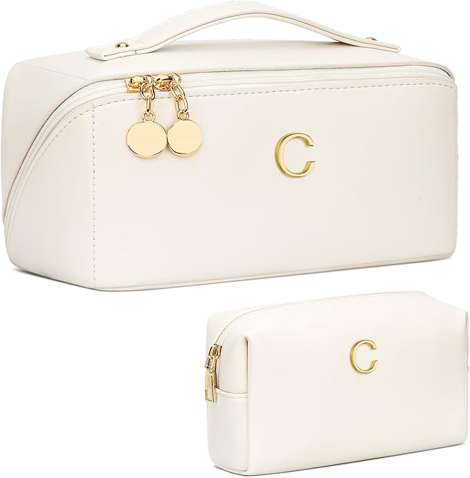 Birthday Gifts for Women Teen Girl, Personalized Initial Makeup Organizer Bag Set, Open Flat Travel Cosmetic Bag With Clear Divider and Handle(Large-Beige,C)