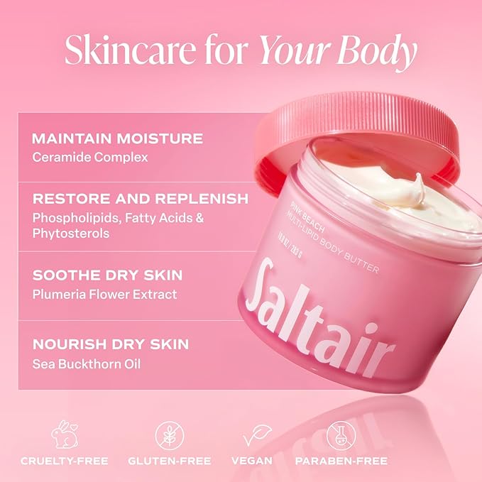 Saltair Multi-Lipid Body Butter – Hydrating 24-Hour Moisture – Body Cream for Soft Skin & Barrier Support – Ceramides, Coconut Oil & Shea Butter for Dry Skin Care – Pink Beach 10oz