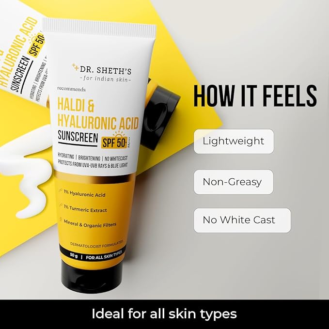 Dr. Sheth's Haldi & Hyaluronic Acid Sunscreen with 1% Hyaluronic Acid Spf 50+ Pa+++ Protects Against UVA/B & Blue Light Hydrating & Brightening For Men & Women For All Skin Type 50 g