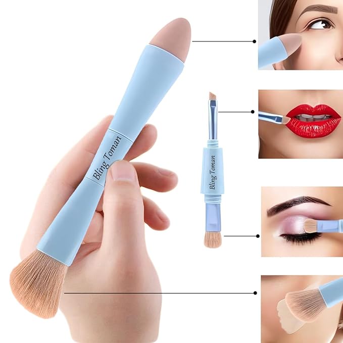 Bling Toman 4-in-1 Makeup Brush,Makeup Sponge,Blush Blending,Eyeshadow,Eyebrow&Liner Lip Face Foundation All-in-One Brushes Travel Makeup Brush Set Mini Makeup Tools Kit, Cosmetics Gift for Women