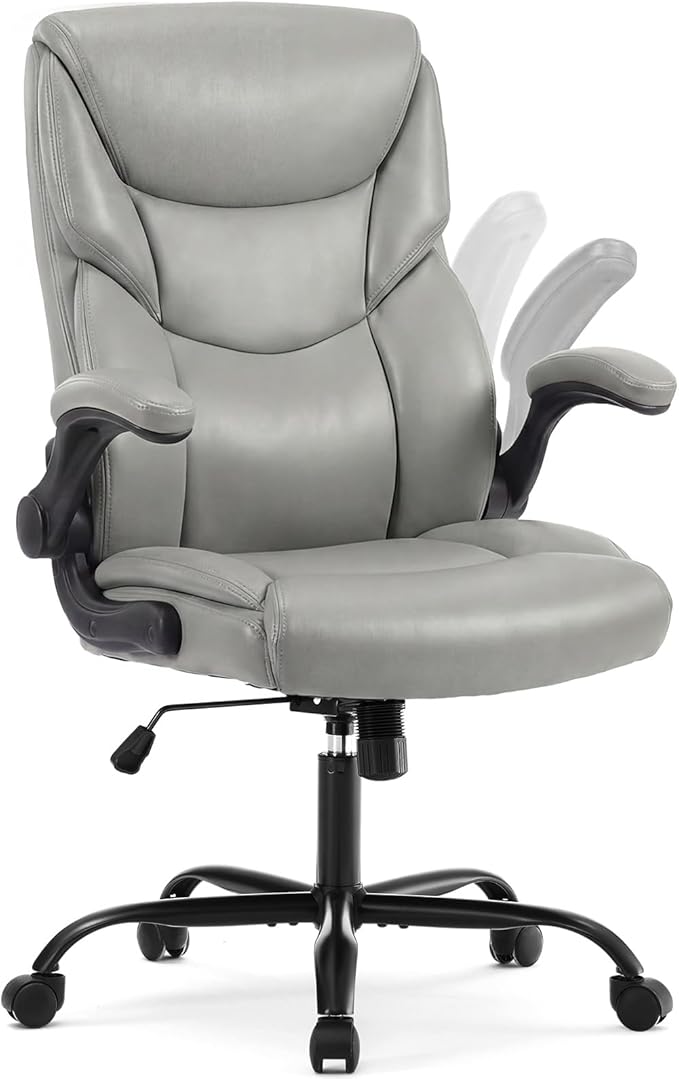 DUMOS Office Chair Set of 2 - Ergonomic Executive Computer Desk Chairs with Adjustable Flip-up Armrest, Swivel Task Chair with Lumbar Support, Strong Metal Base, PU Leather, Grey