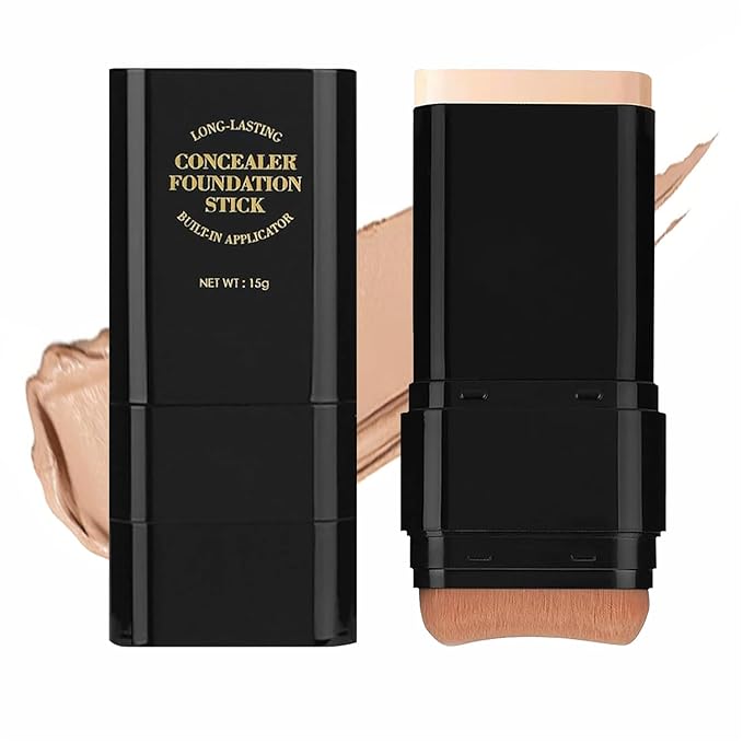Dual-Ended Foundation & Concealer Stick with Built-in Brush, Long-Wear Matte Korean Full-Coverage Makeup, Waterproof Hydrating Contour for All Skin Tones (02#NATURAL)