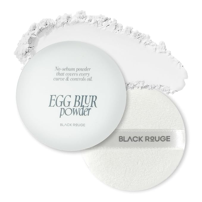 BLACK ROUGE, Egg Blur Powder, EP01 Egg bare, Loose Face Powder, Korean Makeup Oil Control Compact with Puff, Lightweight Long-Lasting Setting Powder in White, Peach & Purple, 0.17oz