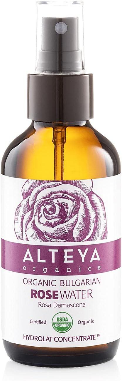 Alteya Organics Rose Water USDA Certified Organic Facial Toner, 4 Fl Oz/120mL Pure Bulgarian Rosa Damascena Flower Water, Award-Winning Moisturizer Amber Glass Spray Bottle