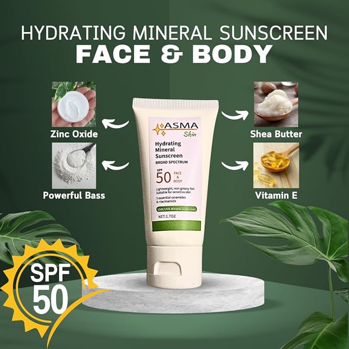 ASMA Hydrating Mineral Sunscreen SPF 50 with Face Moisturizer | Broad Spectrum UVA/UVB Protection | 9% Titanium Dioxide + 7% Zinc Oxide | Tinted Sunblock for All Ages & Skin Types