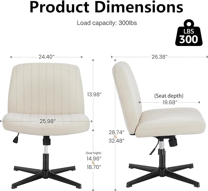 DUMOS Criss Cross Legged Chair Wide Comfy Home Office Desk Seat, No Wheels Armless Computer Task Seating, Swivel Vanity Chair Height Adjustable for Makeup Bedroom, Fabric Beige