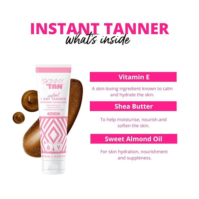 SkinnyTan 1 Day Instant Tanner - Self Tanning Lotion for Face and Body - Skin-Perfecting Coverage with Delicious Scent - Easy Rinse - Medium - 3.3 oz