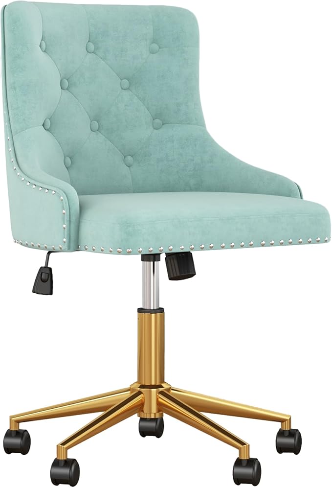 Velvet Armless Home Office Desk Chair, Swivel Height-Adjustable Small Cute Vanity Chair for Women/Girls, Comfy Makeup Chair with Rivet and Gold Base for Living Room, Bedroom(Green)