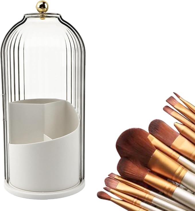 Makeup Brush Holder with Lid, 360 Rotating Sliding Opening Cosmetic Tools Organizer, Waterproof Dustproof Makeup Brush Organizer for Vanity Desktop Bathroom Countertop(COLOR:White And Clear)