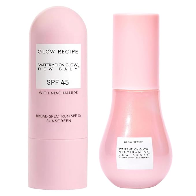 Glow Recipe Skincare Essentials Travel Duo - Watermelon Glow SPF Dew Balm Sunscreen (.58oz) + Niacinamide Dew Drops Serum with Hyaluronic Acid (15ml) - Protect from UVA Rays & Brighten Uneven Skin