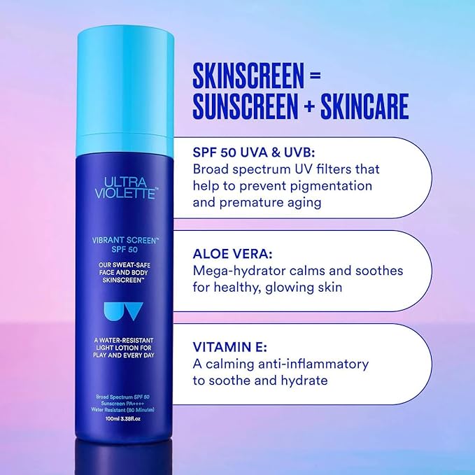 Ultra Violette Vibrant Screen SPF 50 Water Resistant Face and Body Sunscreen, Hydrating Lightweight Lotion, 3.38 oz / 100mL