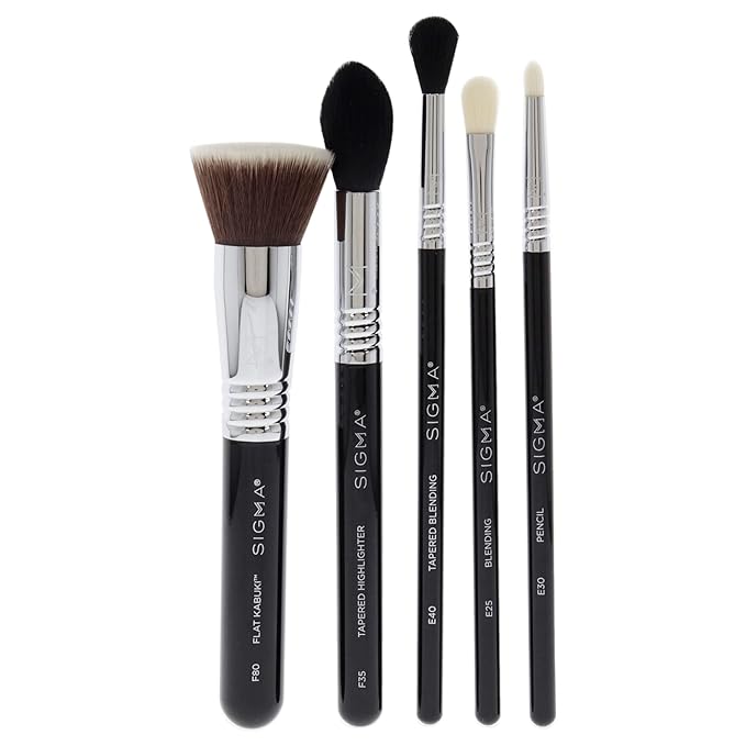 Sigma Beauty Most-Wanted Brush Set — Set of 5 Favorite Makeup Brushes for Foundation, Highlighter, Eyeshadow, Pencil Liner, and Blending (5 pcs)