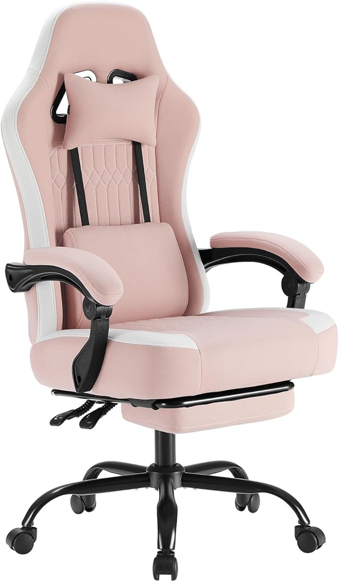 NEWBULIG Gaming Chair with Footrest – High Back Ergonomic Computer Desk Chair with Lumbar Support, Headrest, Linkage Armrests, Reclining Office Chair with 360° Swivel & Height Adjustment, Pink