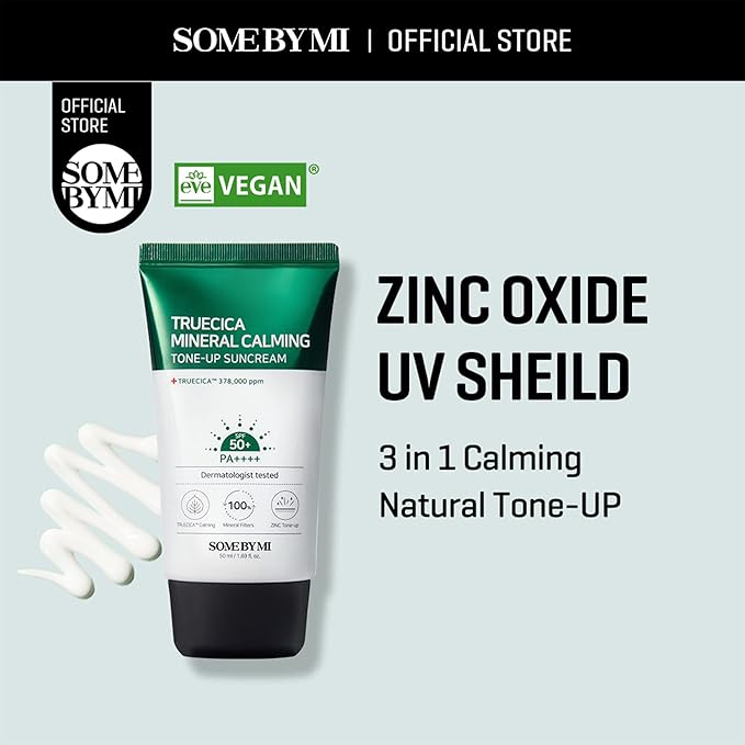 SOME BY MI Truecica Mineral Calming Tone-Up Suncream / SPF50+, PA++++ / 1.69Oz, 50ml / Brightening and Calming Effect/Mild Sun and UV Protection Sunscreen for Sensitive Skin