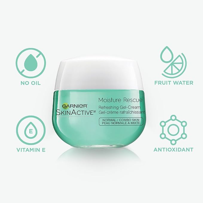 Garnier Moisture Rescue Refreshing Gel-Cream for Normal/Combo Skin, Oil-Free, 1.7 Oz (50g), 2 Count (Packaging May Vary)