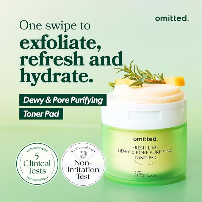 Omitted Fresh Lime Dewy & Pore Purifying Toner Pad (160ml) - Pore Minimizer & Exfoliating Pads with LHA, Deep Hydration with Triple Hyaluronic Acid, Korean Skin Care for face, 70 pads, 5.41 fl. oz.
