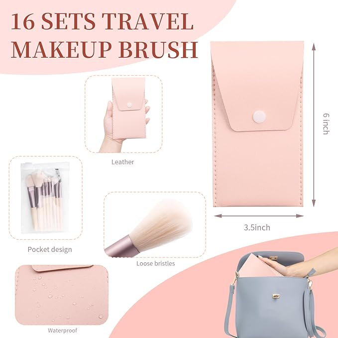 16 Sets Travel Makeup Brush Set Synthetic Fiber Face Foundation Make up Brushes Bridesmaid Gift with Travel Makeup Bag for Wedding Bridal Shower Favors Bachelorette Party Gift (Ivory Beige)