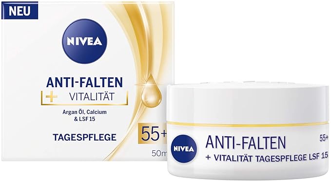 NIVEA Anti-Wrinkle + Revitalizing 55+ Day Cream for Mature Skin – 50 ml – Deeply Nourishing Moisturizer with Argan Oil & Calcium for Firmer, Smoother, Vital-Looking Skin