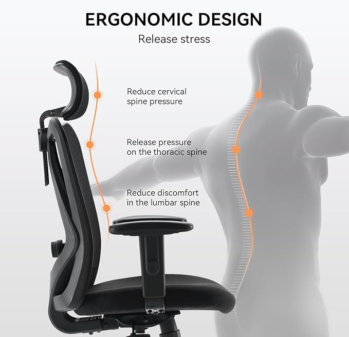 Ergonomic Office Chair, Mesh Computer Desk Chair with Adjustable Sponge Lumbar Support, Thick Cushion, PU Armrest and Headrest, High Back Swivel Home Office Task Chair for Work (Black)…