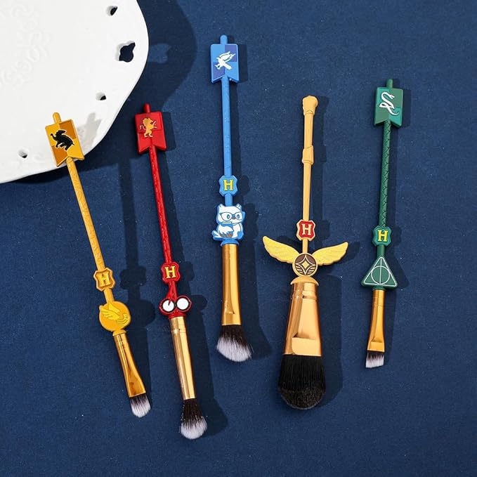 Fantasy Magic Academy Makeup Brushes, 5PCS Metal Handle Brushes with Golden Snitch, Horcrux, Elder Wand & Dobby Designs - Premium Makeup Tools Gift Set for Wizarding World Fans (H P)