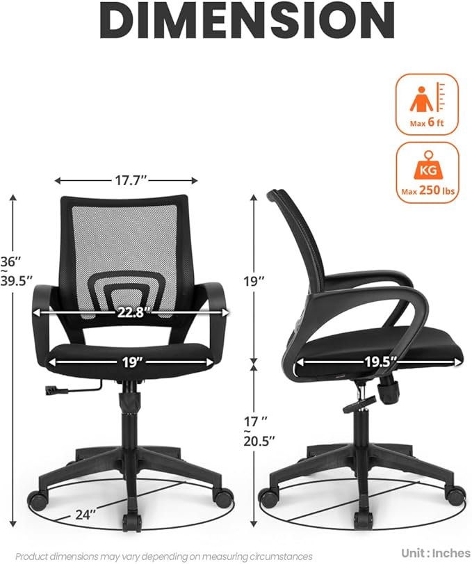 NEO Chair Office Desk Computer Chair Ergonomic Mesh Gaming Mid Back Seat with Comfy Lumbar Support Adjustable Height Swivel for Home Task (2 pk - Black)