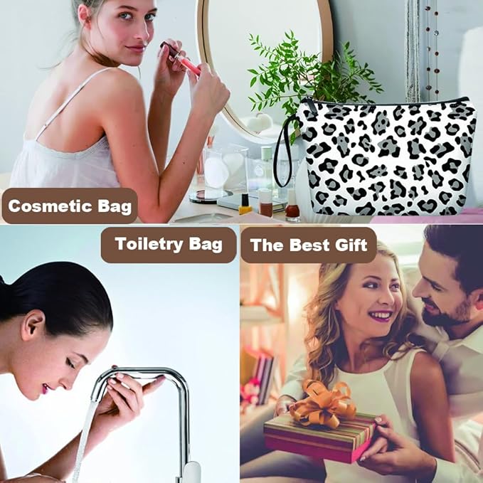 Personalized Small Black and gray leopard print on white background Makeup Bag set with Mirror,Bride Bridesmaid Cosmetic bag with10 pieces brush kit,Birthday Gifts for Women Mom Best Friend
