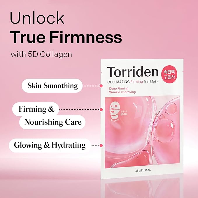 Torriden CELLMAZING Collagen Firming Gel Sheet Mask for Face & Neck (4 Pack) | Smoother, Firmer-Looking Skin with 5D Collagen Complex | Korean Skincare Mask