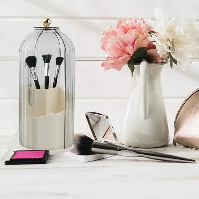 Makeup Brush Holder with Lid, 360 Rotating Sliding Opening Cosmetic Tools Organizer, Waterproof Dustproof Makeup Brush Organizer for Vanity Desktop Bathroom Countertop(COLOR:White And Clear)