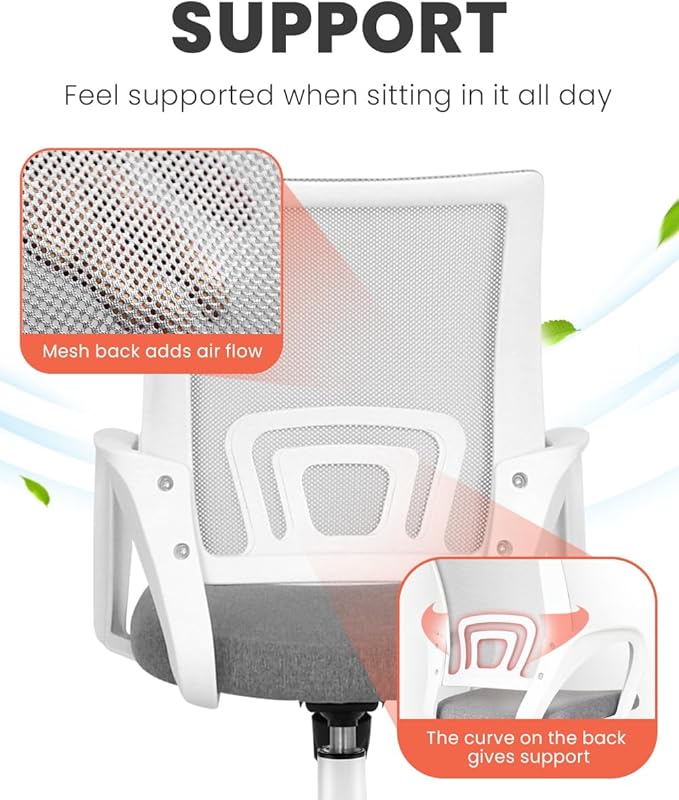 NEO CHAIR Office Desk Computer Chair Ergonomic Mesh Gaming Mid Back Seat with Comfy Lumbar Support Adjustable Height Swivel for Home Task (Grey)
