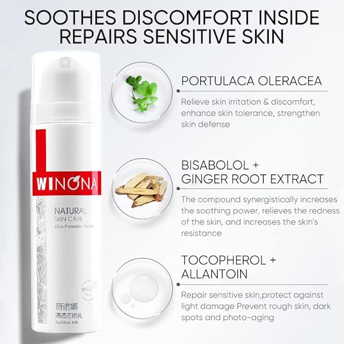 WINONA SPF 48+++ Face Sunscreen Lotion, Skin Soothing Sunblock Milk for Sensitive and Dry Skin, Enriched with Portulaca Oleracea, Lightweight, Gentle, and Moisturizing, 1.76oz
