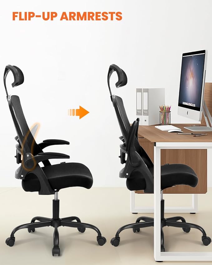 NEO Chair Office Chair High Back Desk Chair Comfy Gaming Computer Mesh Seat with Ergonomic Lumbar Adjustable Headrest Rolling Flip-up Armrests and Wheels (All Black)