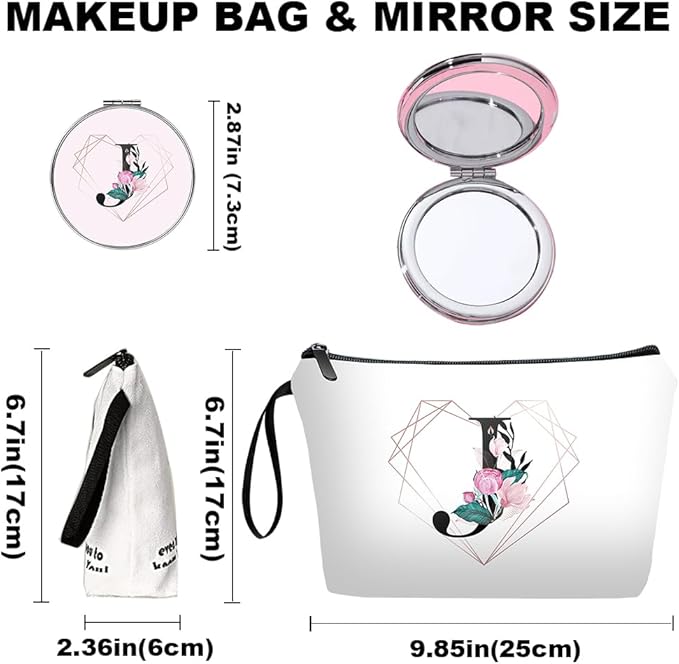 Personalized Initial J floral Makeup Bag set with Mirror for Women,White Ietter travel Cosmetic bag kit for Bride Bridesmaid with10 pieces pink brush set,Initial Gifts for Girls Mom femal Friends