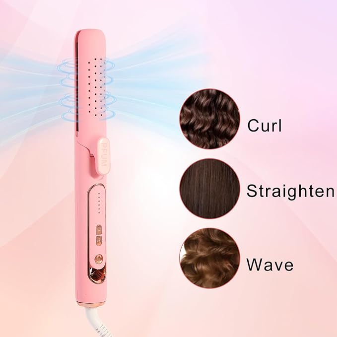2 in 1 Hair Straightener and Curler, Airflow Styler Curling Iron - Titanium Flat Iron Hair Straightener for Long-Lasting Curls and Straightener, Dual Voltage & Adjustable Temps 360° Curling Wand