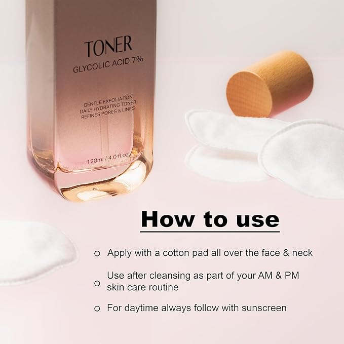 Glycolic Acid 7% Toner - 120 ml Exfoliating Facial Toner, Pore Minimizing, PH Balancing, Alcohol-Free Formula for All Skin Types,Use Daily for Refreshing and Hydrate Skin