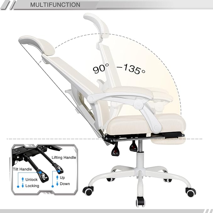 Qulomvs Mesh Ergonomic Office Chair with Footrest Home Office Desk Chair with Headrest and Backrest 90-135 Adjustable Computer Executive Desk Chair with Wheels 360 Swivel Task Chair