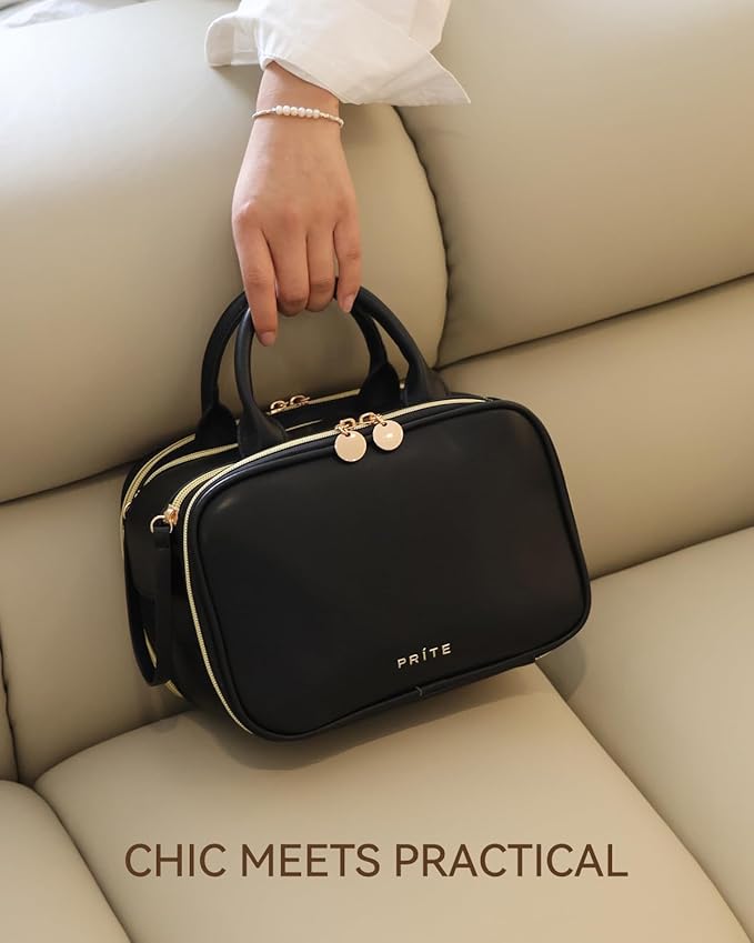 Prite Makeup Bag for Women, Large Capacity Waterproof Travel Cosmetic Organizer, Portable Open Flat Toiletry Bag with Free-standing Brush Holder and Handle(Black Medium)