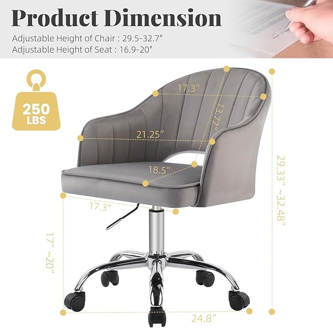 MOJAY Velvet Office Swivel Chair, Vanity Fabric Desk Pretty Fancy Gold Office Chairs for Girls, 360°Swivel Height Adjustable Reception Chair (LightGray)