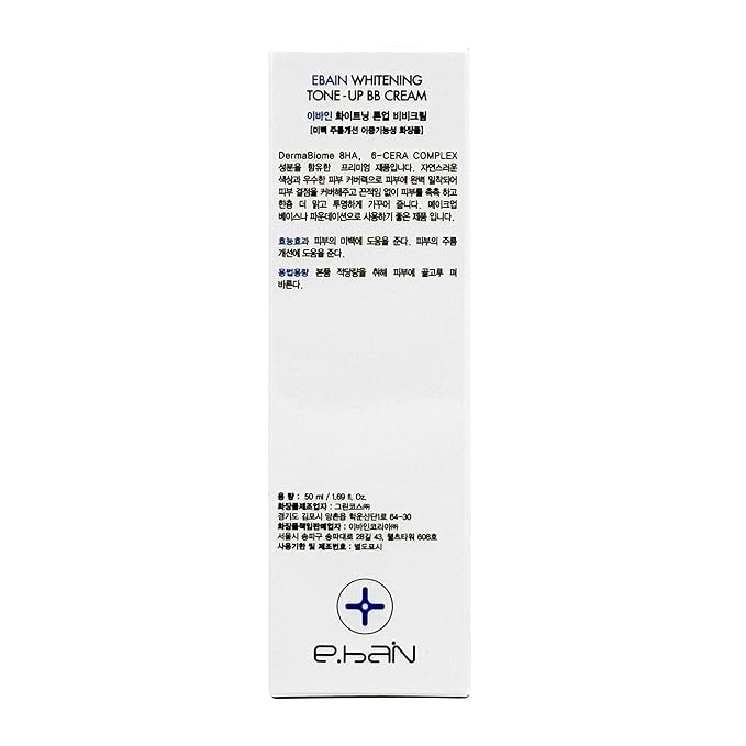Ebain Korean BB Cream, Whitening & Tone-Up Formula with 6-Ceramide Complex, 8-Hyaluronic Acids & Probiotics, Natural Coverage Foundation for Face, Brightening & Anti-Wrinkle, 50ml