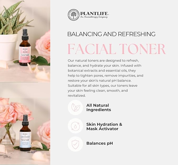 Plantlife Rose & Aloe Hydrating Facial Toner for Women & Men - Vegan Facial Toner Great for All Skin Types - Daily Skin Hydrator, Mask Activator, and Setting Spray - 2 Fl Oz - Made in California
