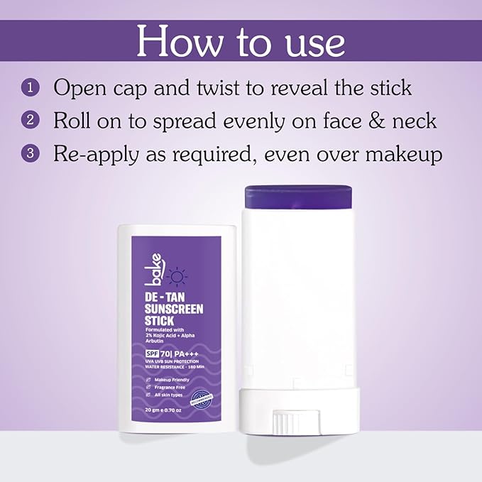 BAKE De-Tan Water Resistant Sunscreen Stick SPF 70 PA++++ with 2% Kojic Acid & Alpha Arbutin | Lightweight, No White Cast | For All Skin Types | For Pigmentation & Dark Spots - 20g
